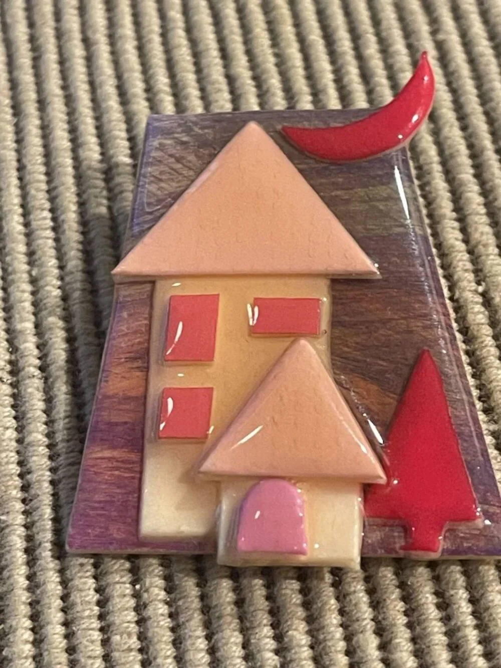 Vtg Lucinda House Brooch Pin With Red Moon Tree & Whimsical Home Design - Unique